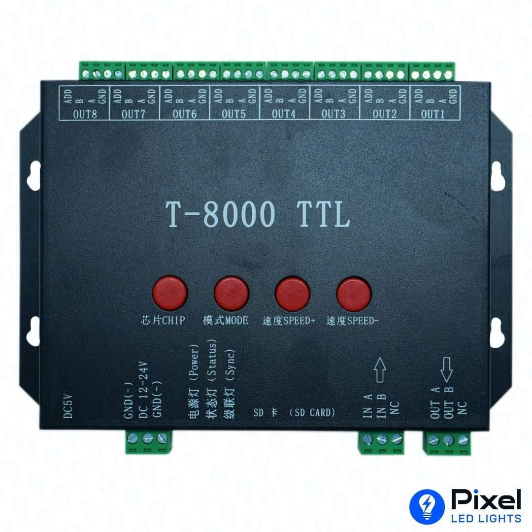 T8000 - TTL LED Controller with 1GB SD Card - Supports WS2811 Pixel, 5V Data, 8192 LEDs, S/Z/Parallel Connections - SKU 2003