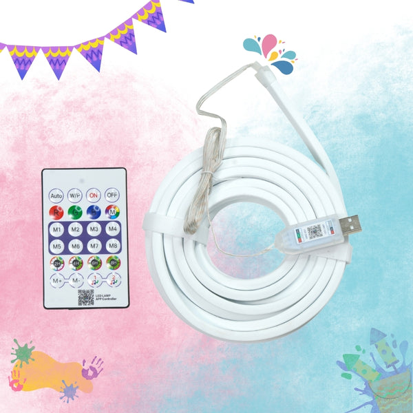 5 Meter RGB Neon LED Strip Light with Remote | USB Powered, Flexible Multicolor Rope Light for Home Décor