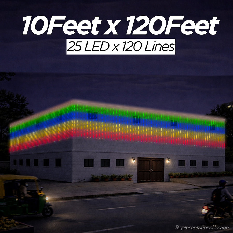 10 Feet × 120 Feet Pixel LED Toran & Building Lights – Wedding Decoration Setup