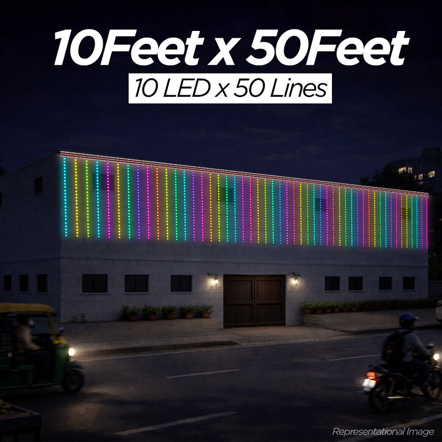 10 Feet × 50 Feet Pixel LED Toran & Building Lights – Wedding Decoration Setup