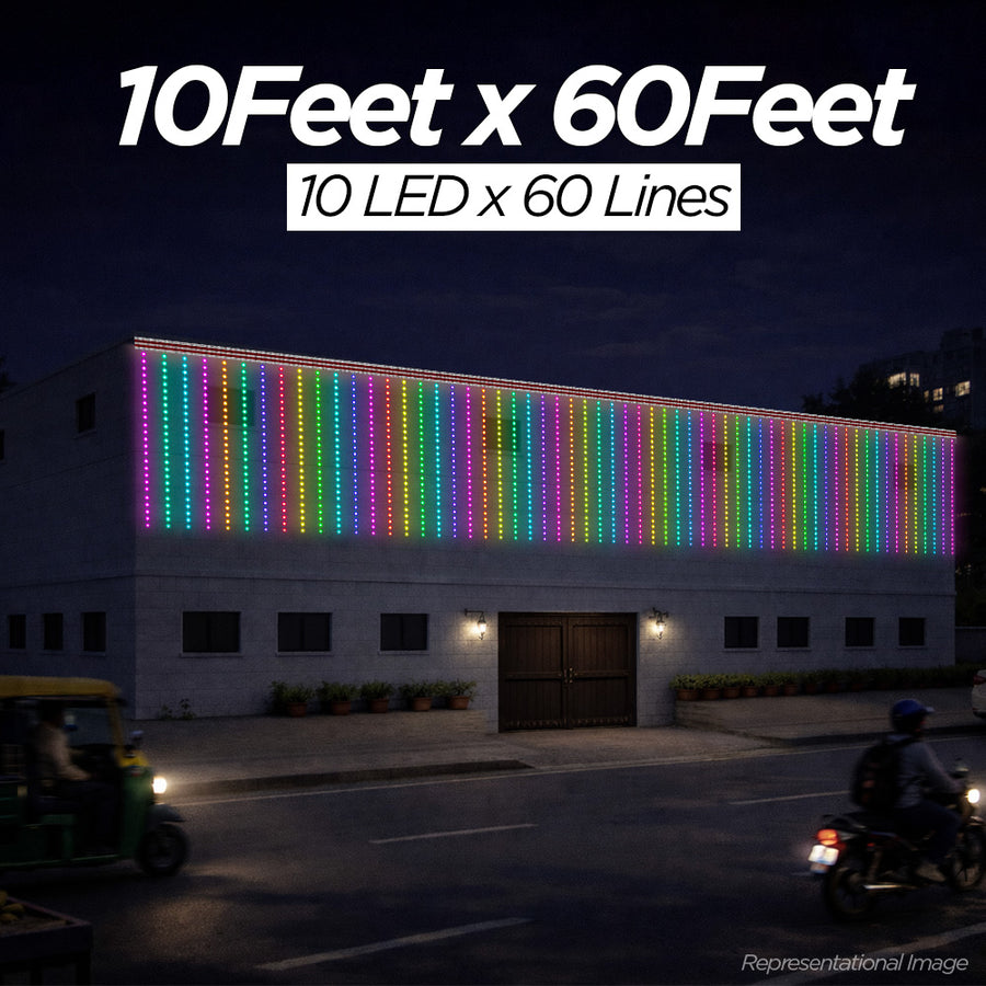 10 Feet × 60 Feet Pixel LED Toran & Building Lights – Wedding Decoration Setup