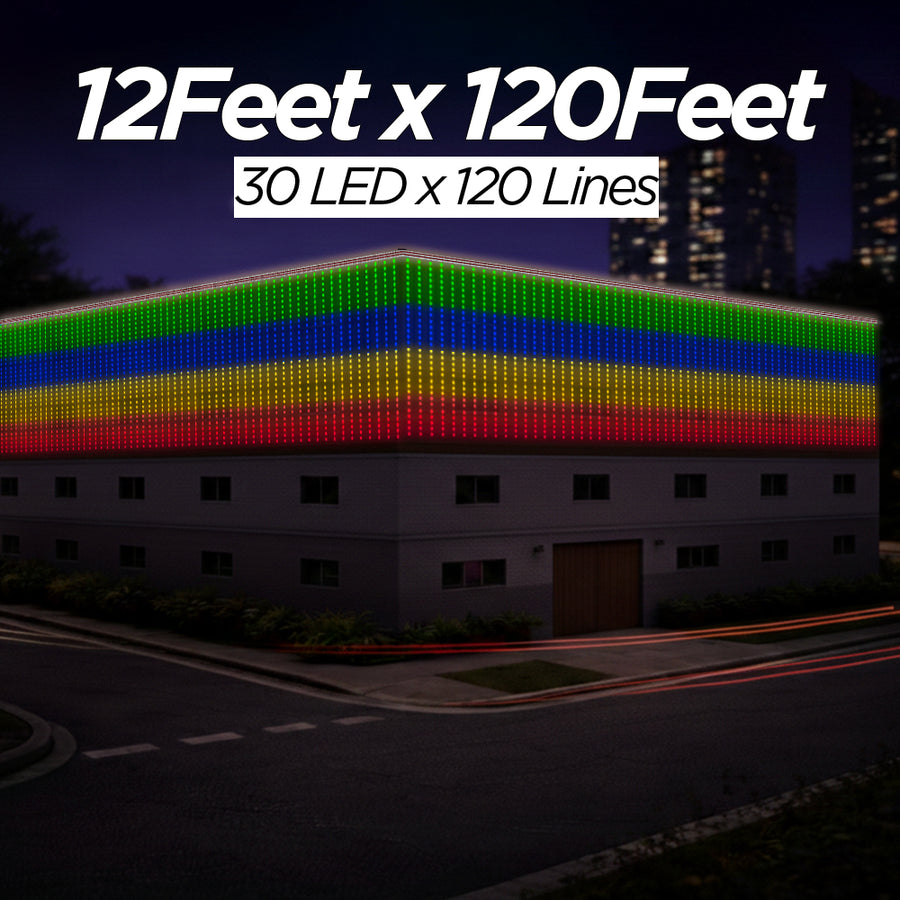 12 Feet × 120 Feet Pixel LED Toran & Building Lights – Wedding Decoration Setup