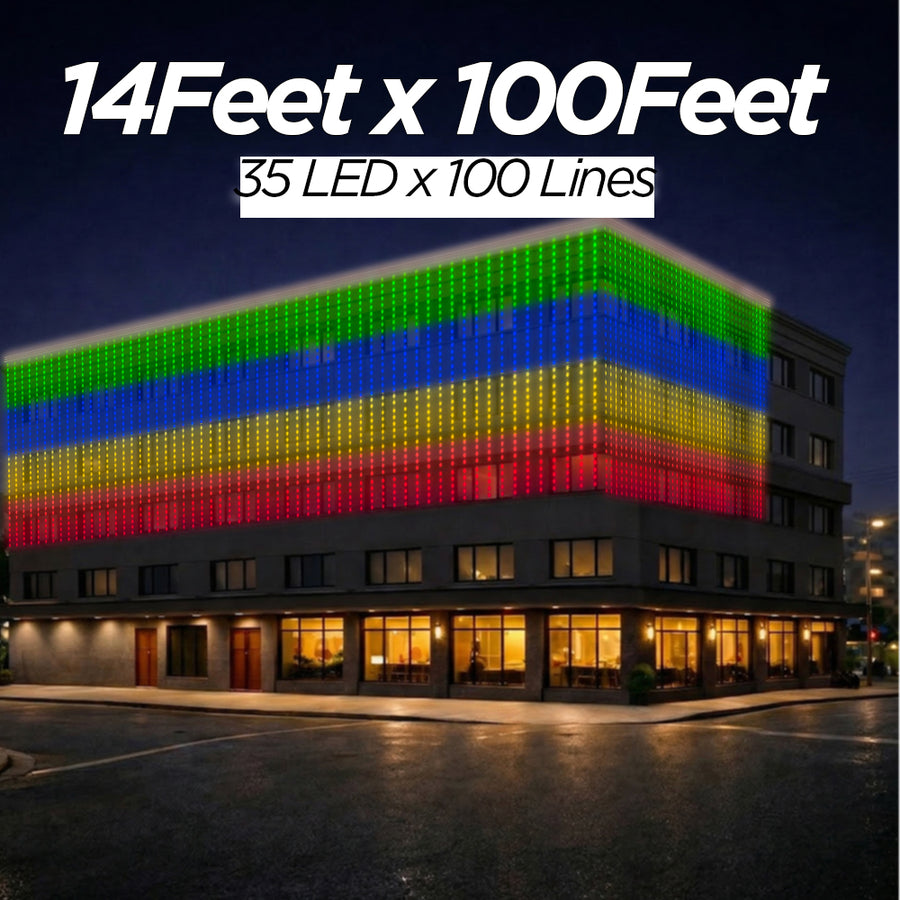 14 Feet × 100 Feet Pixel LED Toran & Building Lights – Wedding Decoration Setup