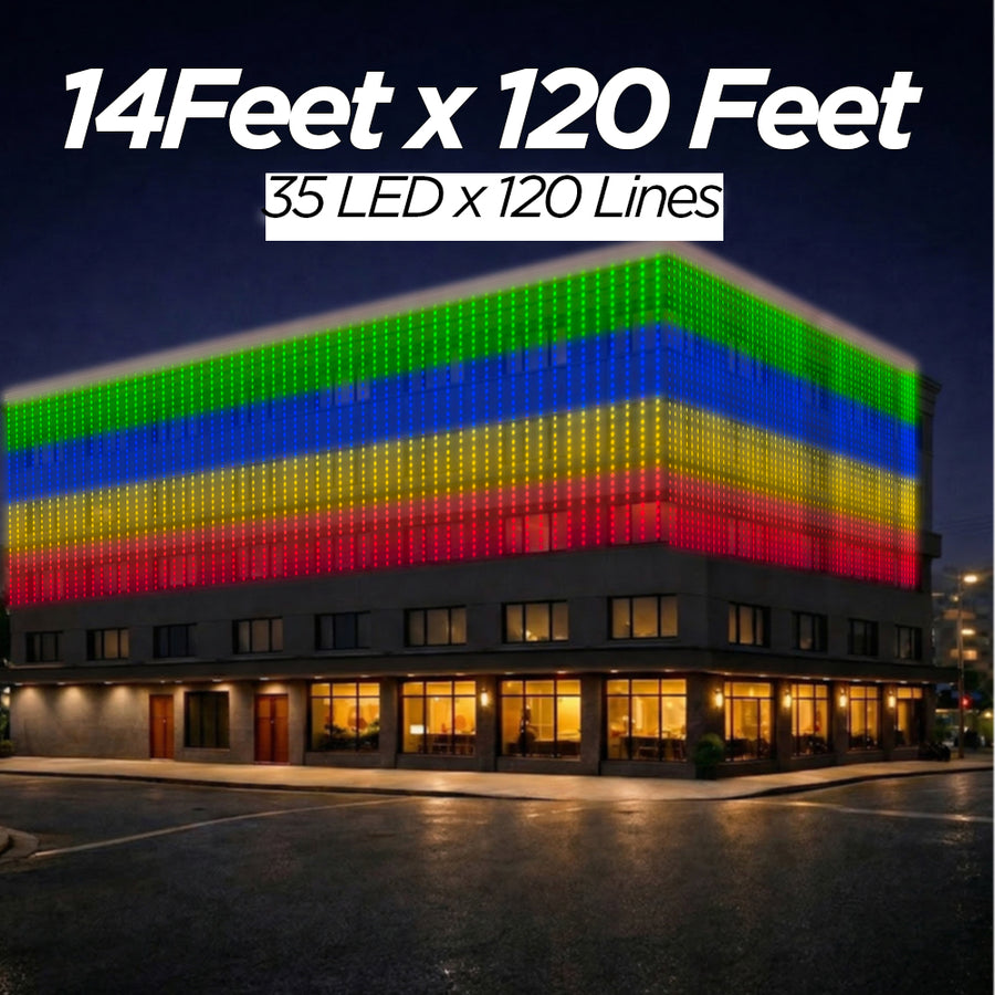 14 Feet × 120 Feet Pixel LED Toran & Building Lights – Wedding Decoration Setup