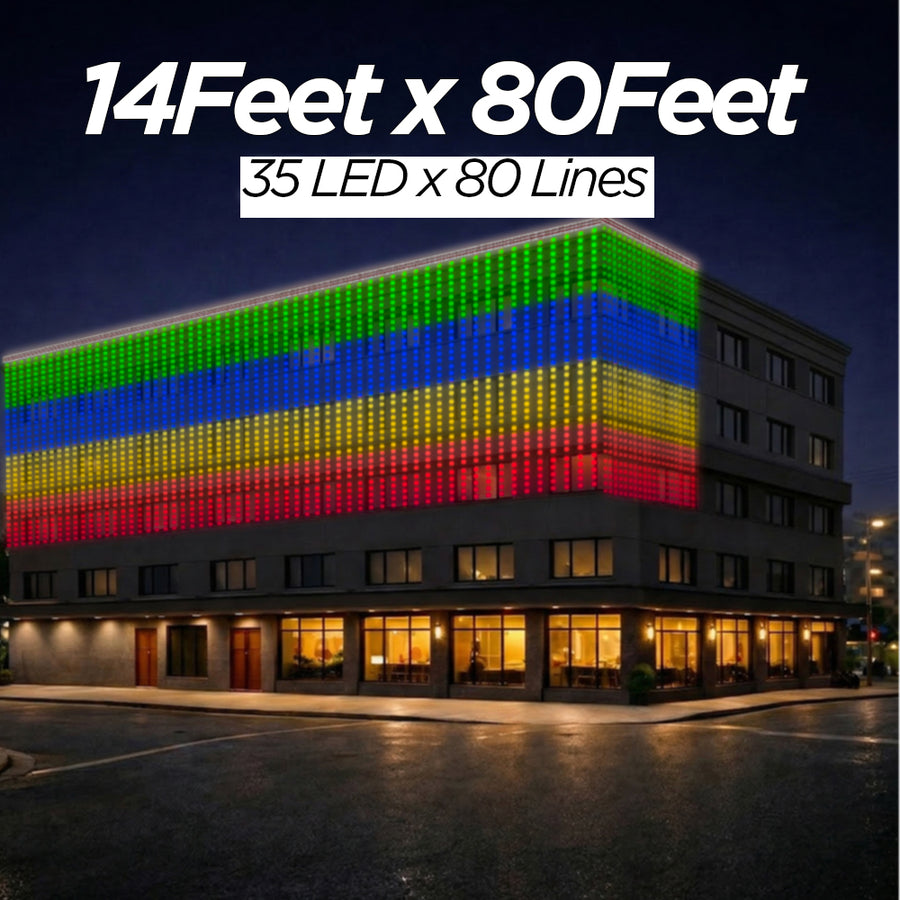 14 Feet × 80 Feet Pixel LED Toran & Building Lights – Wedding Decoration Setup