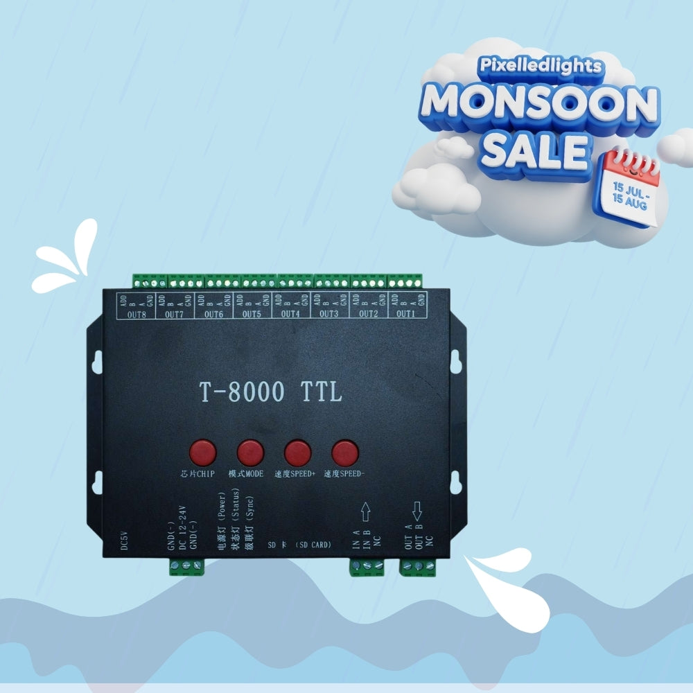 T8000 - TTL LED Controller with 1GB SD Card - Supports WS2811 Pixel, 5V Data, 8192 LEDs, S/Z/Parallel Connections - SKU 2003