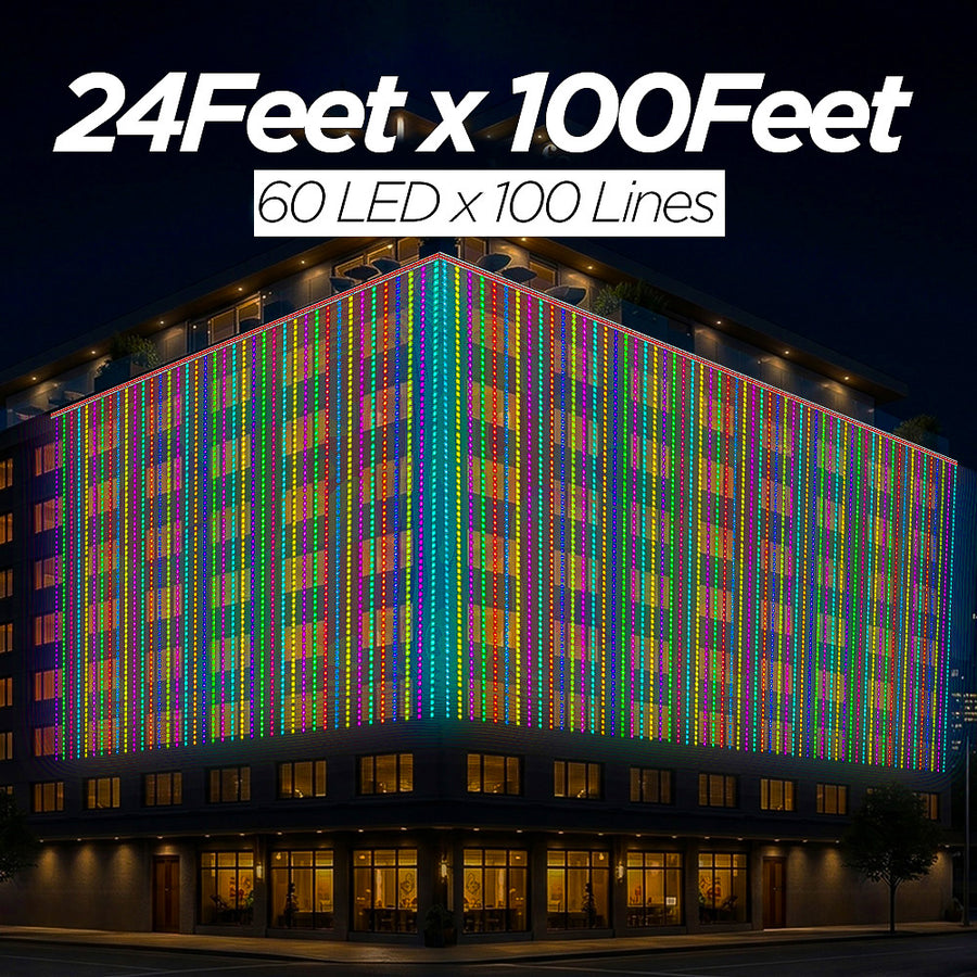 24 Feet × 100 Feet Pixel LED Toran & Building Lights – Wedding Decoration Setup