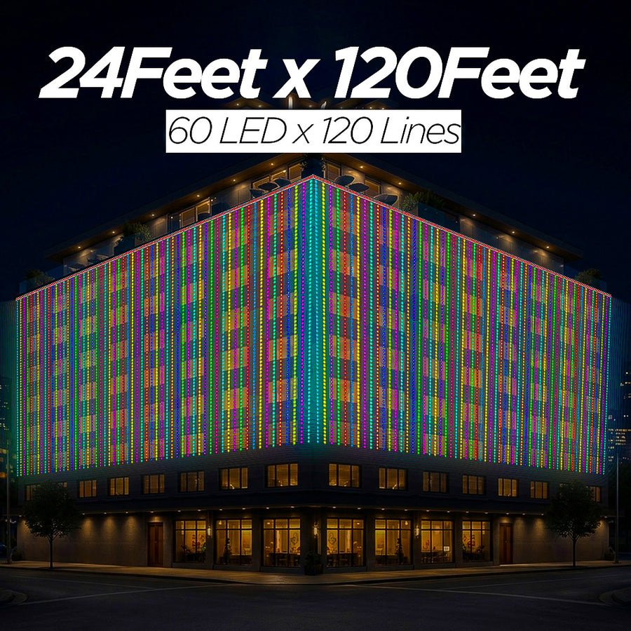 24 Feet × 120 Feet Pixel LED Toran & Building Lights – Wedding Decoration Setup