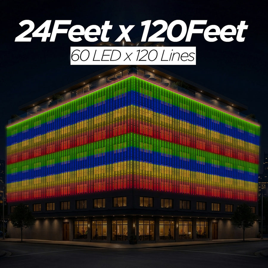 24 Feet × 120 Feet Pixel LED Toran & Building Lights – Wedding Decoration Setup
