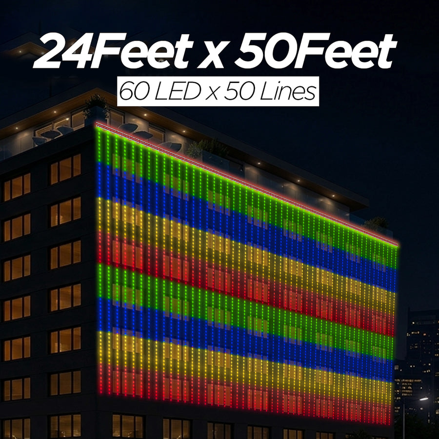 24 Feet × 50 Feet Pixel LED Toran & Building Lights – Wedding Decoration Setup