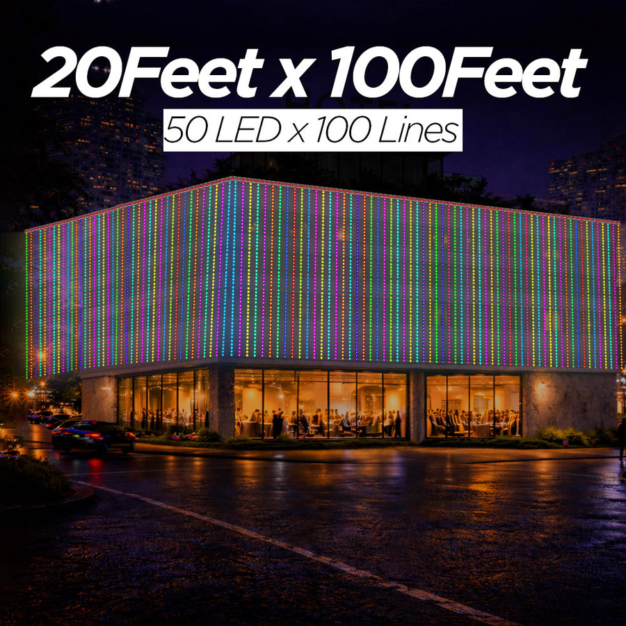 20 Feet × 100 Feet Pixel LED Toran & Building Lights – Wedding Decoration Setup