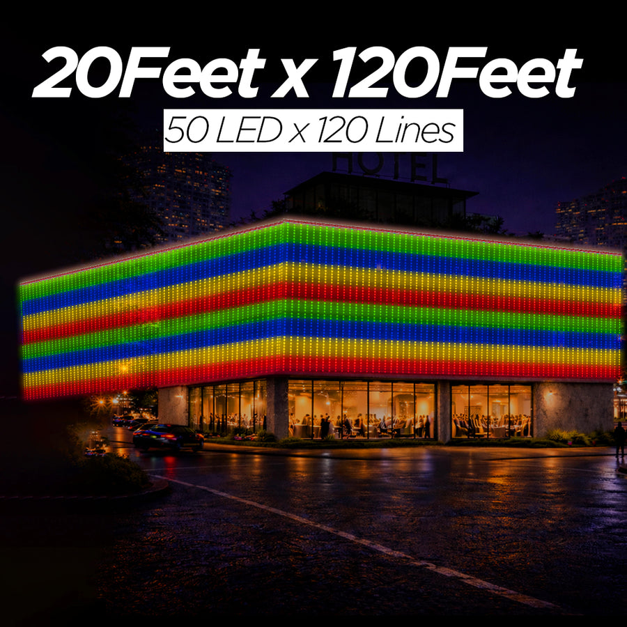 20 Feet × 120 Feet Pixel LED Toran & Building Lights – Wedding Decoration Setup
