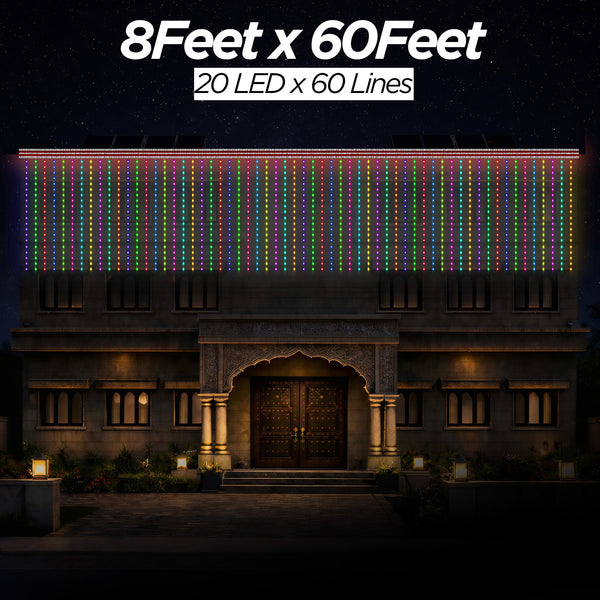 8 Feet × 60 Feet Pixel LED Toran & Building Lights – Wedding Decoration Setup