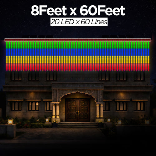 8 Feet × 60 Feet Pixel LED Toran & Building Lights – Wedding Decoration Setup