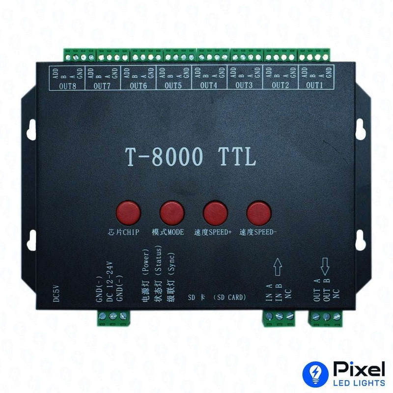 T8000 - TTL LED Controller with 1GB SD Card - Supports WS2811 Pixel, 5V Data, 8192 LEDs, S/Z/Parallel Connections - SKU 2003